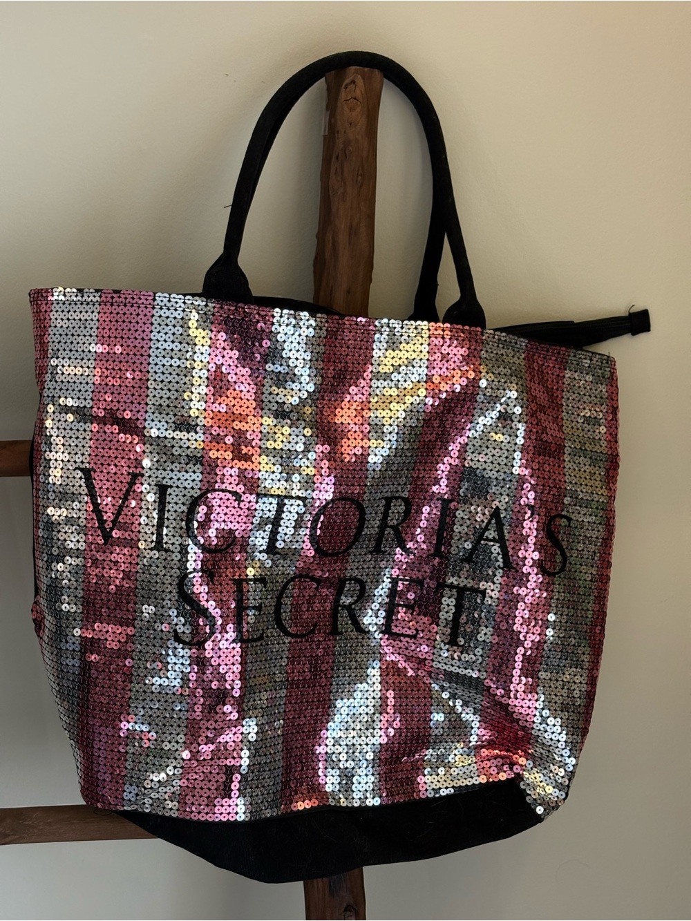 Victoria's Secret Pink and Silver Sequin Striped Tote